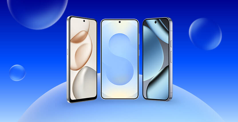 Three smartphones with different abstract wallpapers, standing upright against a blue background with floating bubbles.