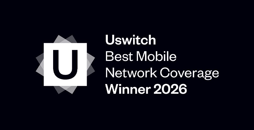 Logo with overlapping squares and letter "U" beside text: "Uswitch Best Mobile Network Coverage Winner 2026" on a dark background.