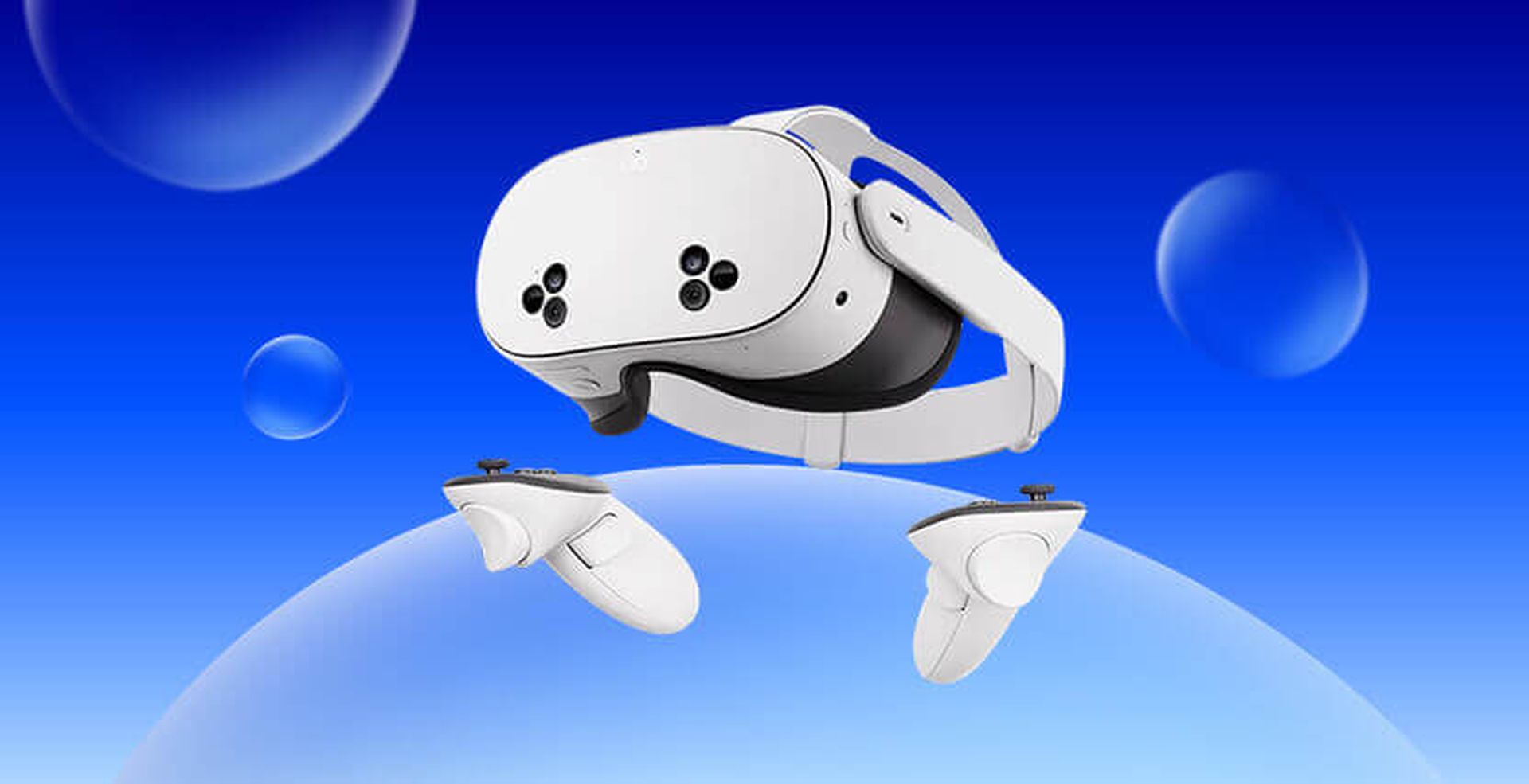 White virtual reality headset and controllers floating against a blue background with bubbles.