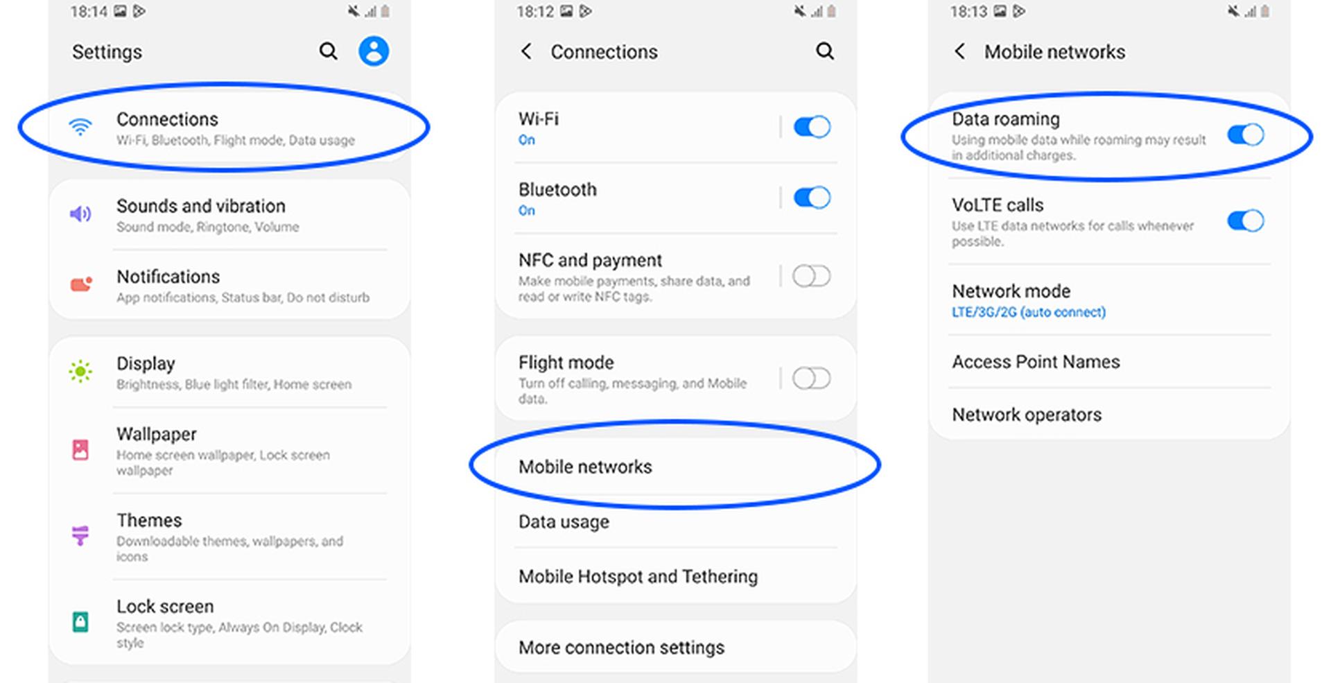 Smartphone settings showing steps to enable data roaming:Three smartphone settings screens showing connections, mobile networks, and data roaming options highlighted in blue circles.