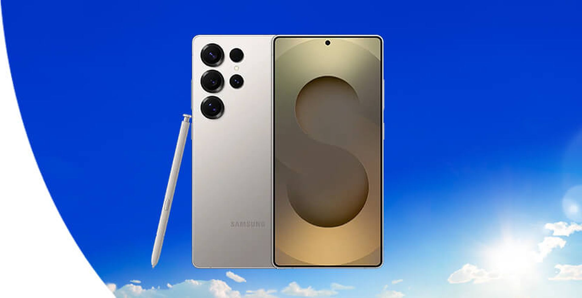 Samsung Galaxy S25 Ultra set against a bright blue sky with clouds.