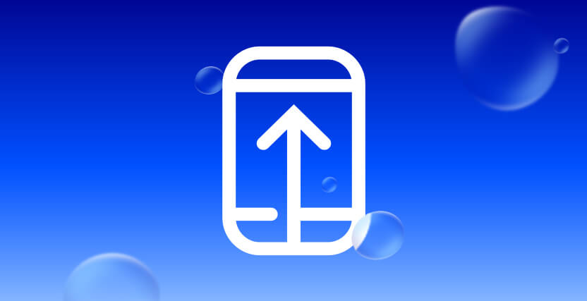 White smartphone icon with an upward arrow on a blue background with translucent bubbles.