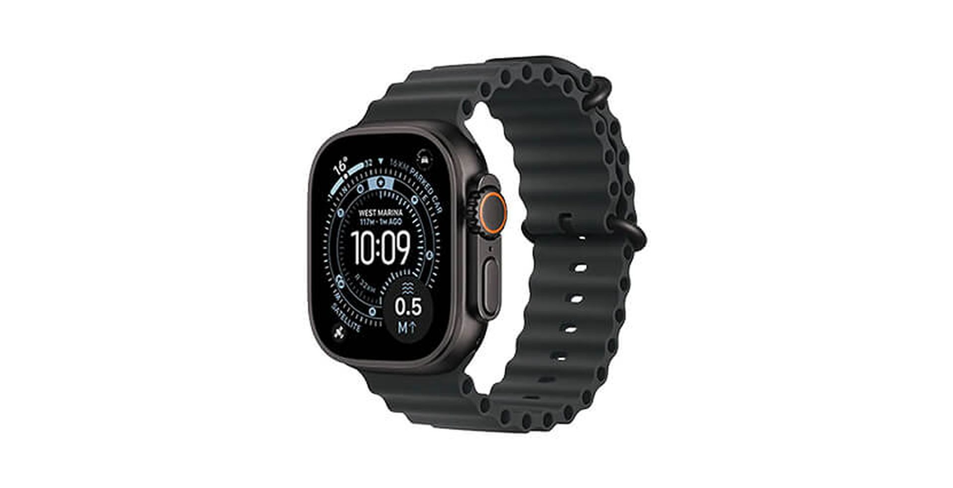 Smartwatch with a black, perforated band, displaying time and activity data on its screen.