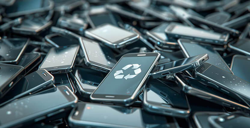 A pile of smartphones with a recycling symbol displayed on the screen of the top phone, highlighting e-waste and recycling.