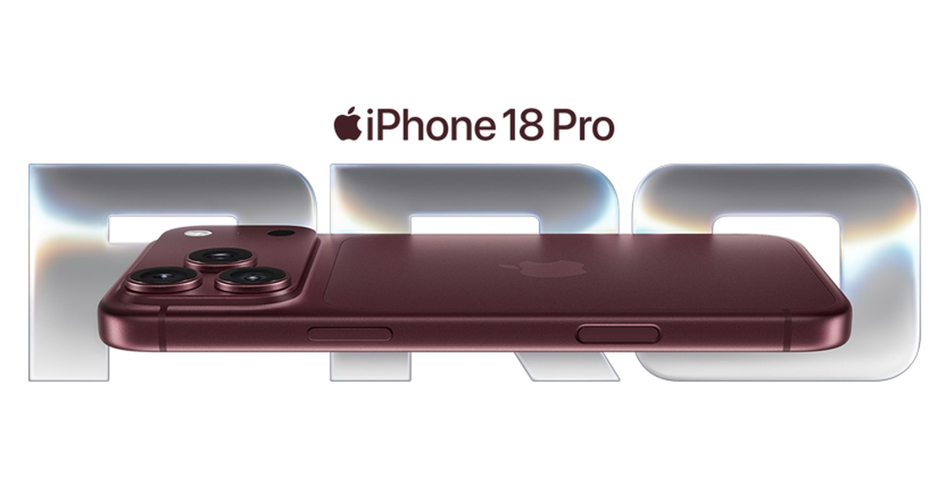 Side view of an iPhone 18 Pro, highlighting its sleek maroon design and triple-camera layout, with "PRO" in metallic letters behind it.