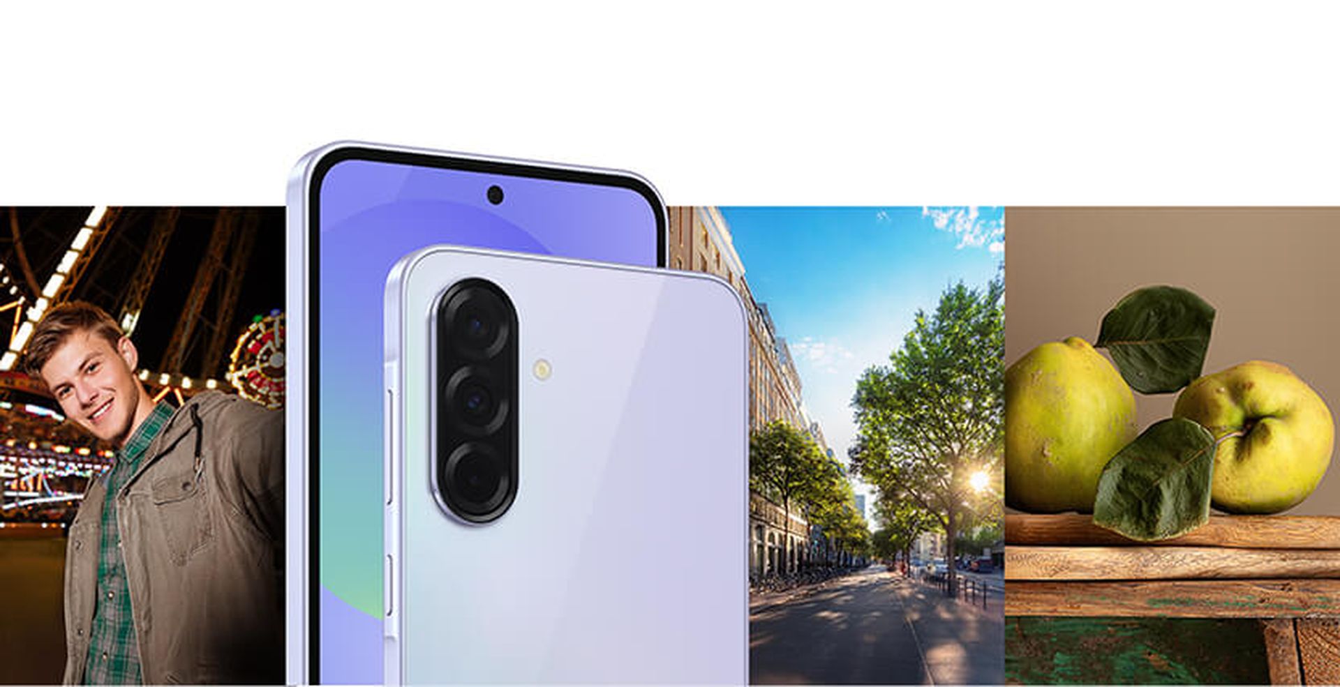 Close-up of a smartphone with triple camera, set against a collage backdrop of a person, a sunny street, and three quinces on a wooden surface.