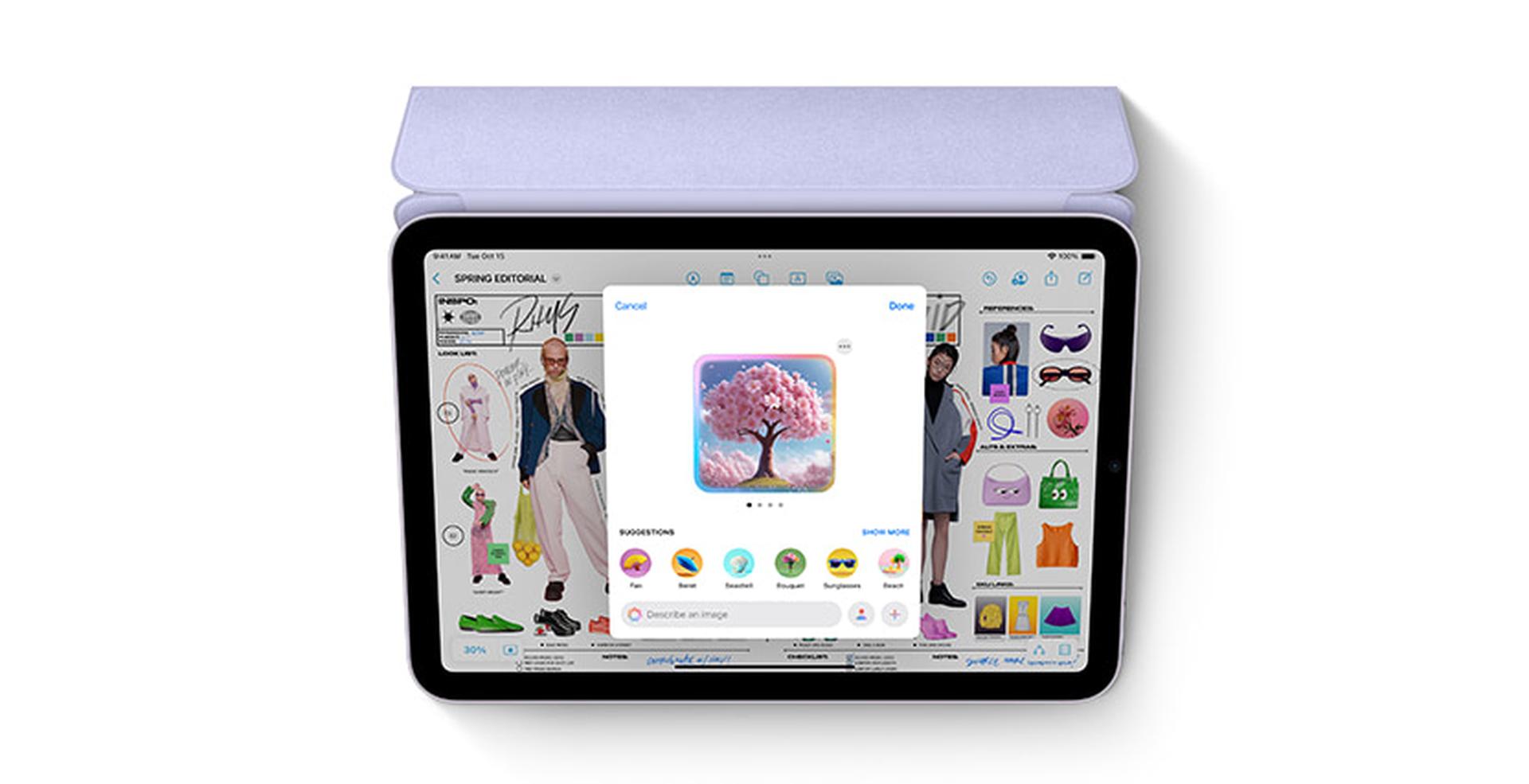 Tablet displaying a digital magazine with a pop-up screen showing a tree icon and emoji reactions. The tablet has a purple cover.