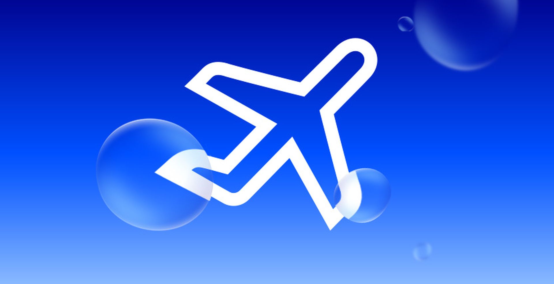 White airplane icon with bubbles on a blue gradient background.