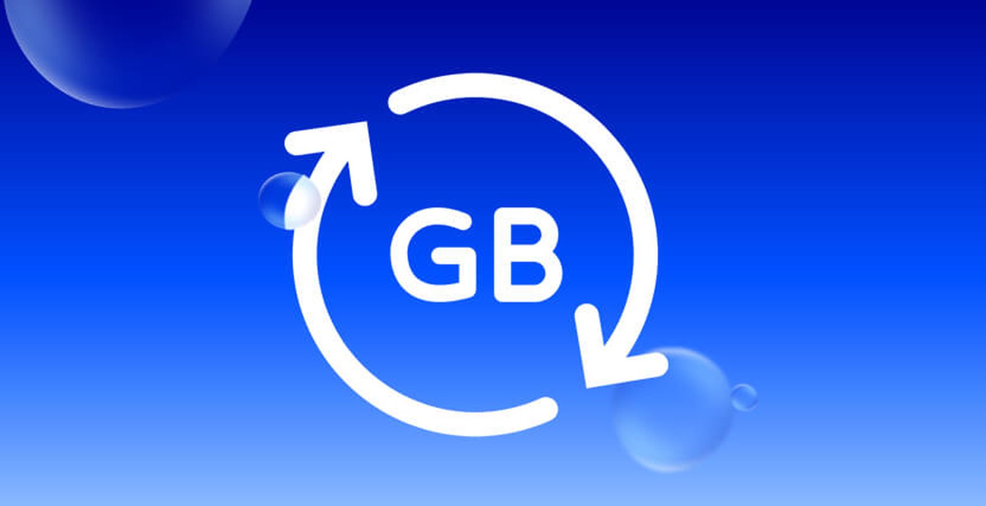 White circular arrows surrounding "GB" on a blue gradient background with floating bubbles.