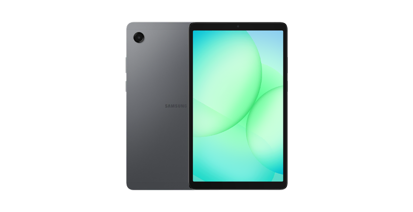 Front and back view of a sleek, gray tablet with a glowing green screen.