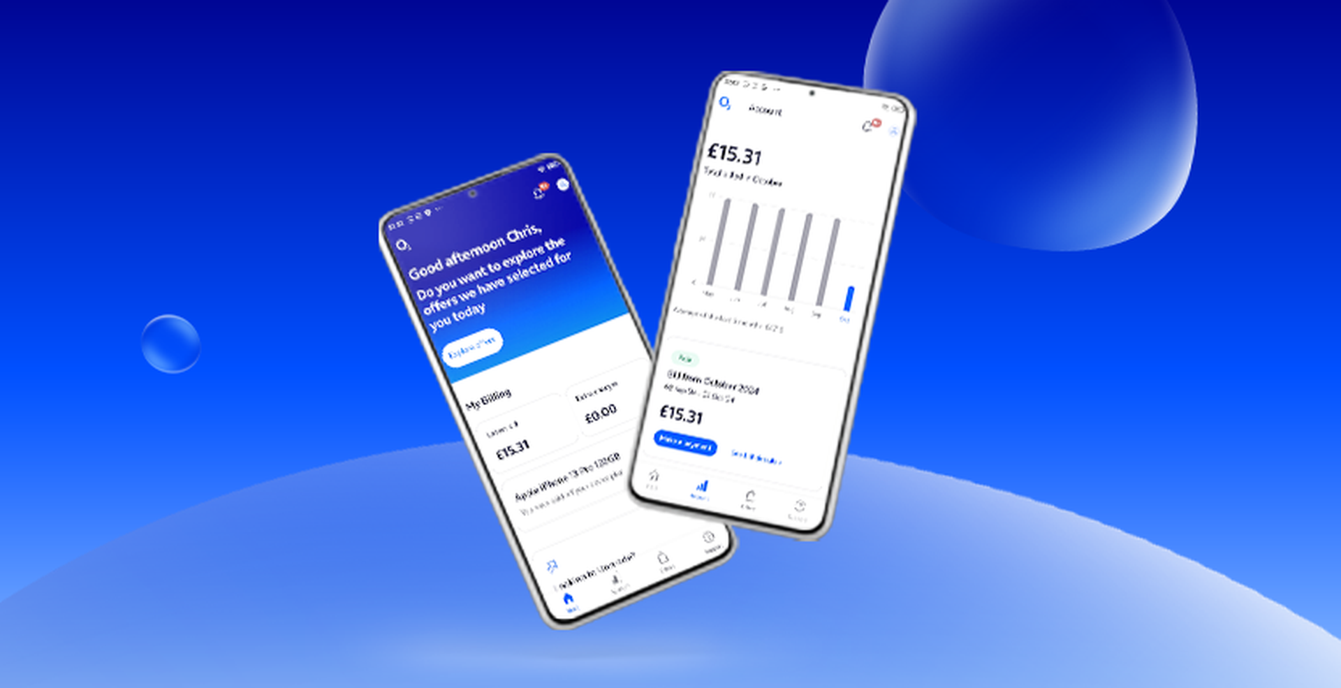 Two smartphones displaying a finance app with balance and graph on a blue gradient background with floating spheres.