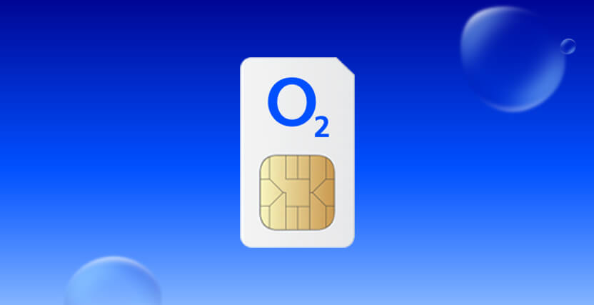 A SIM card with the "O2" logo on a blue gradient background with bubble-like shapes.
