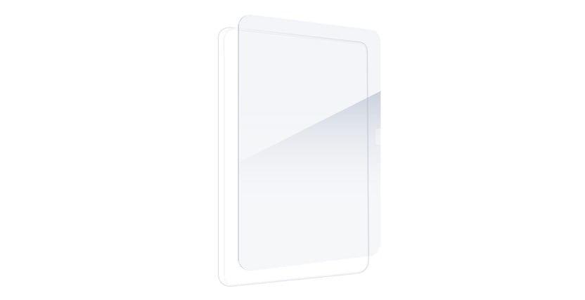 Transparent screen protector for a tablet, shown with rounded edges and a smooth surface, floating against a white background.