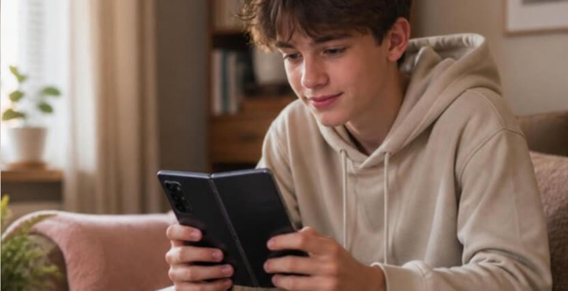 A young person in a beige hoodie is sitting on a couch, smiling while looking at a smartphone. There's a plant and a window in the background.