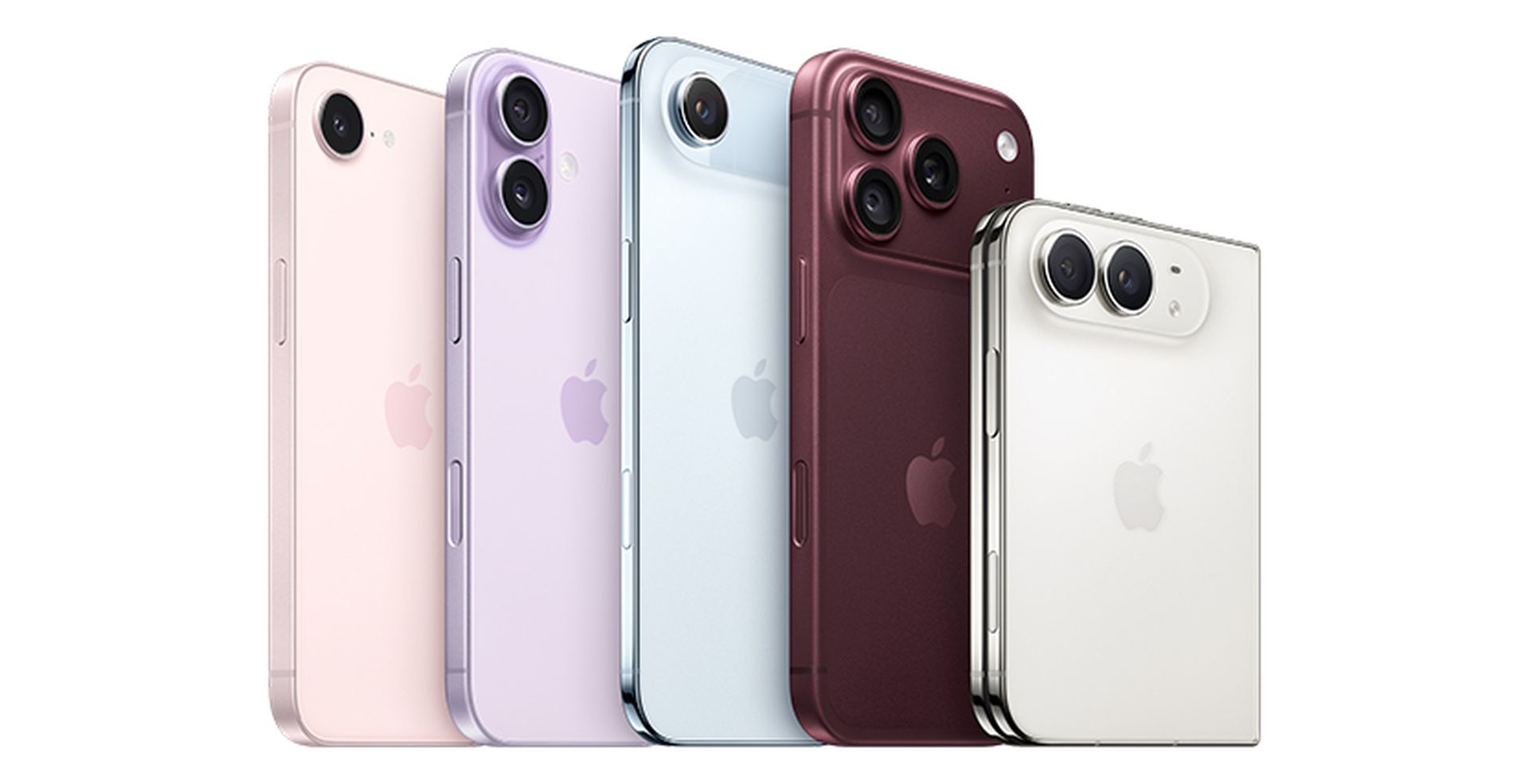 Five smartphones in various colors—pink, purple, light blue, burgundy, and silver—arranged in a row, showing the back and camera designs.