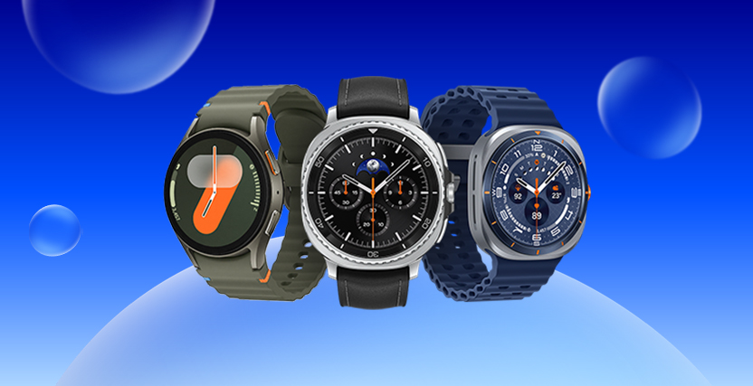 Three smartwatches with different designs on a blue background with bubbles.