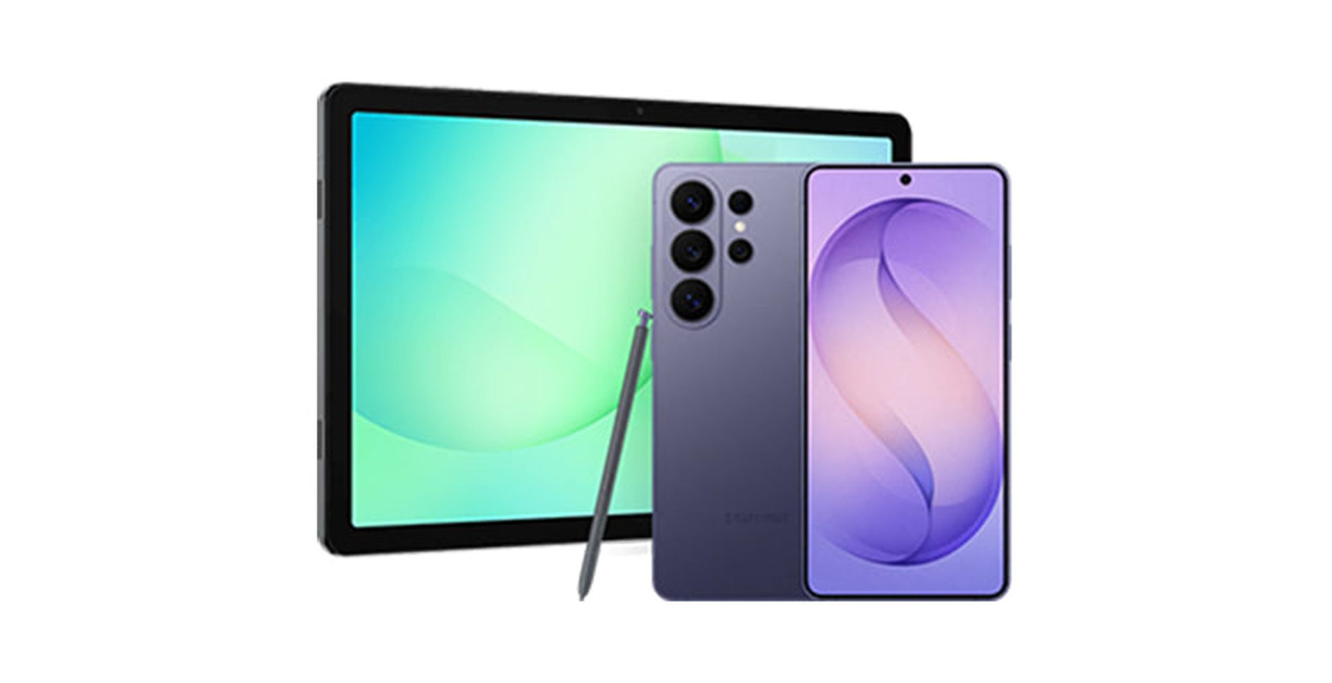 Tablet and smartphone with stylus; tablet has a green screen, smartphone features quad cameras and purple screen.