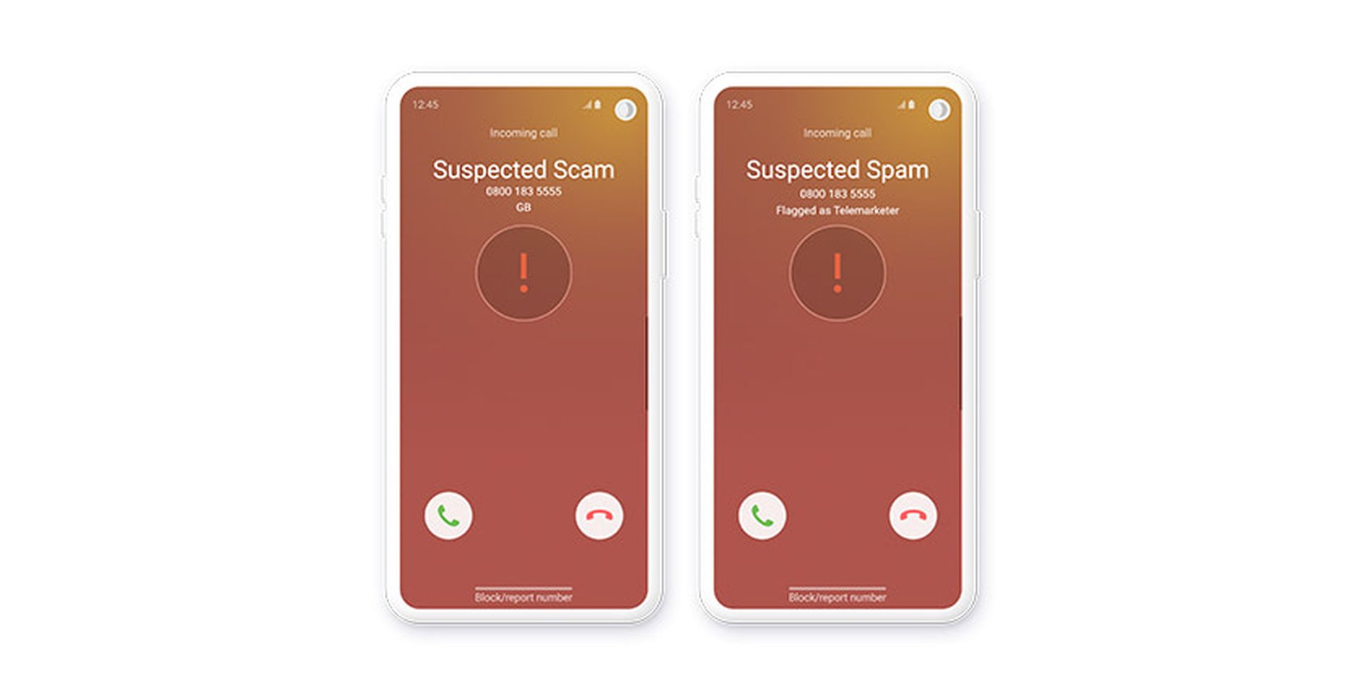 'Call Defence' -Two smartphones display incoming calls labeled "Suspected Scam" and "Suspected Spam," with options to answer or decline.