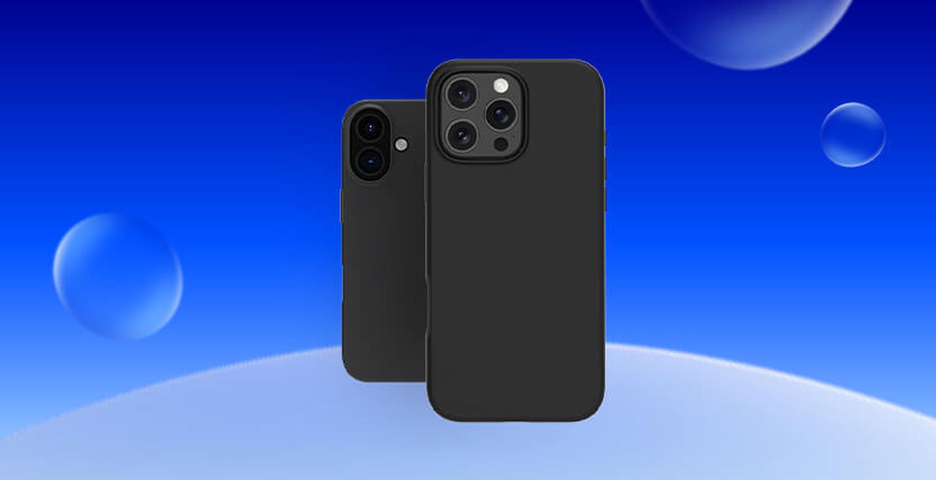 Two black smartphones with triple and dual cameras, set against a blue gradient background with bubbles.