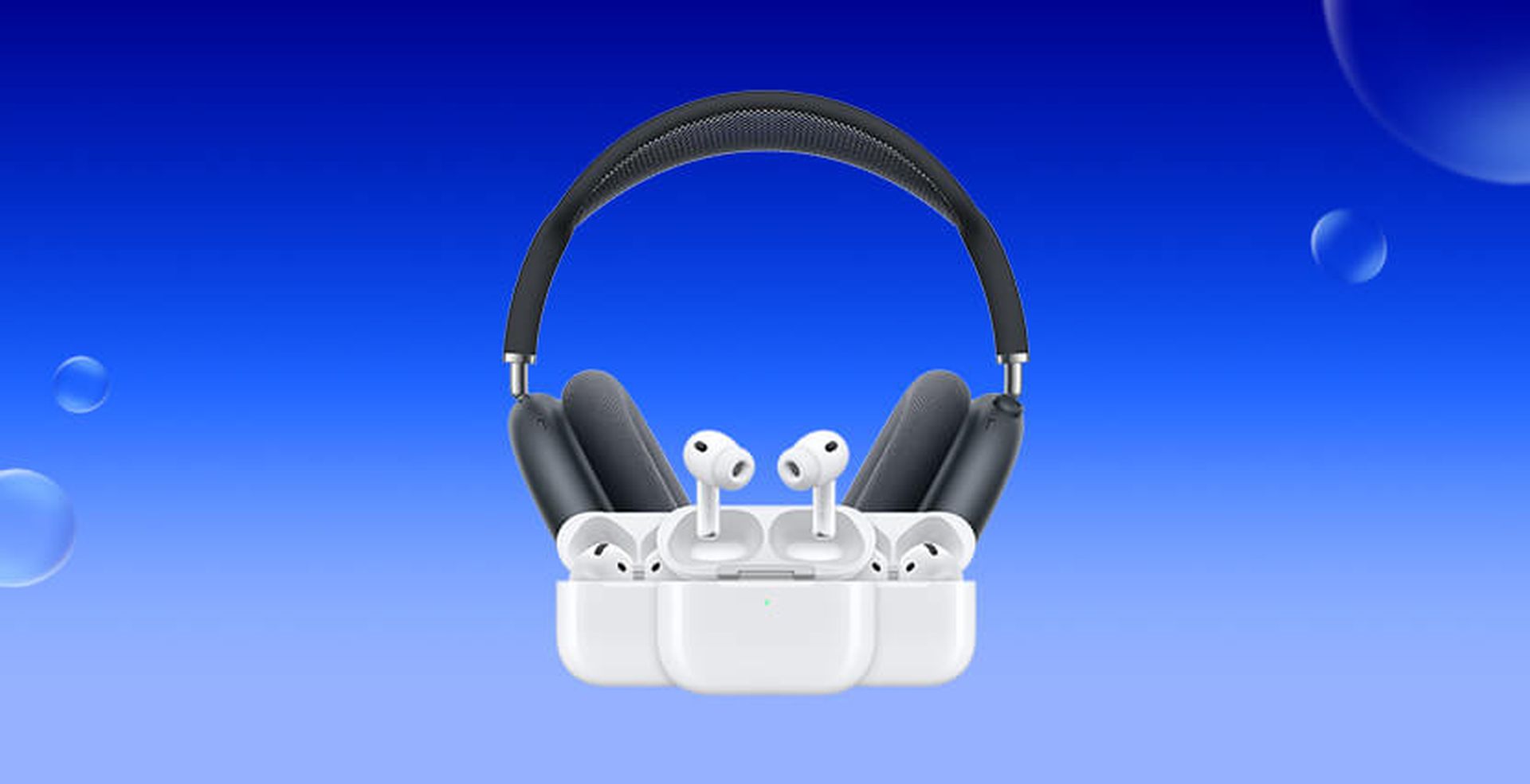 Black over-ear headphones and white wireless earbuds with charging case on a blue gradient background with bubbles.