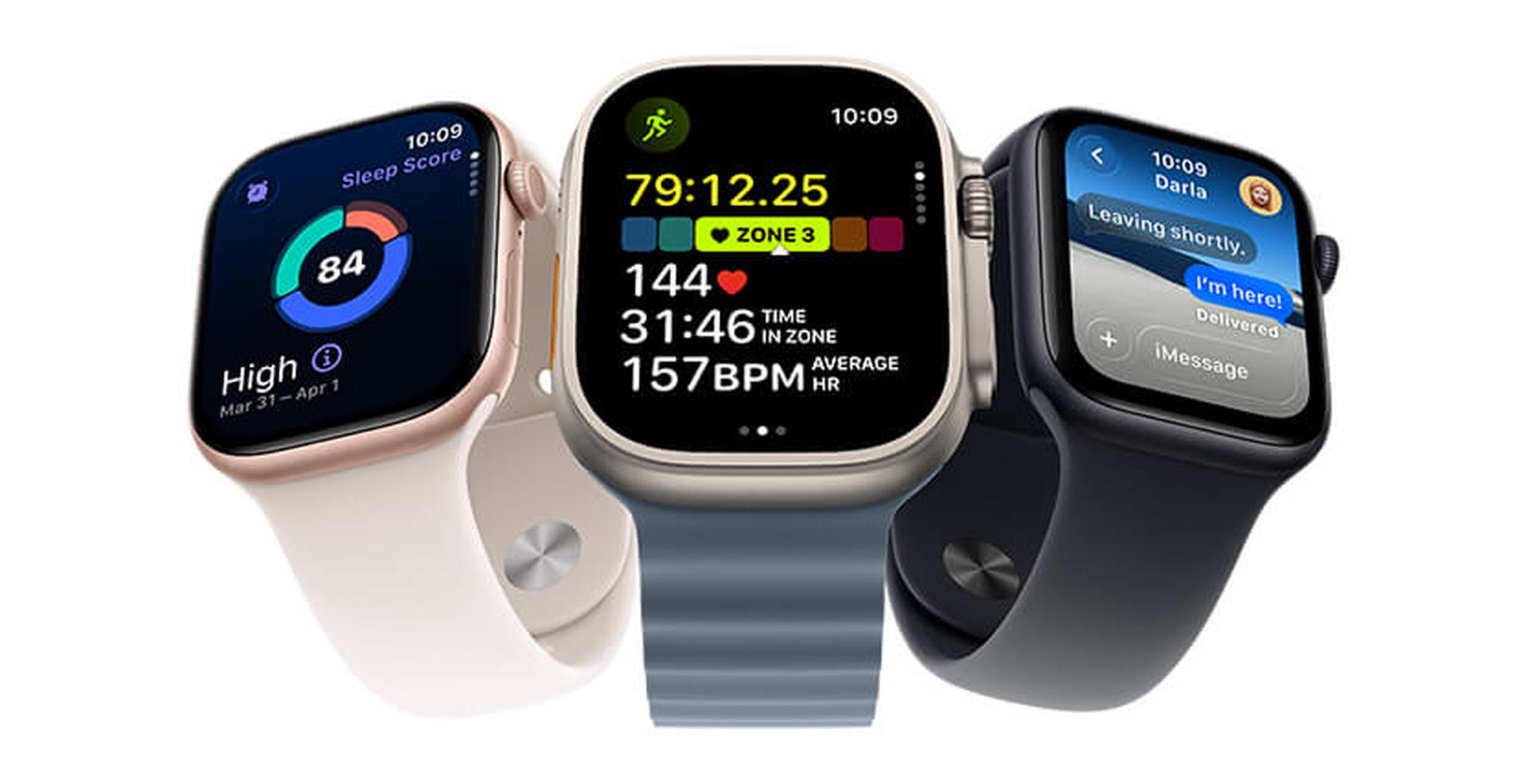 Three smartwatches displaying different screens: sleep score, fitness stats, and a text message. Each has a distinct band color.