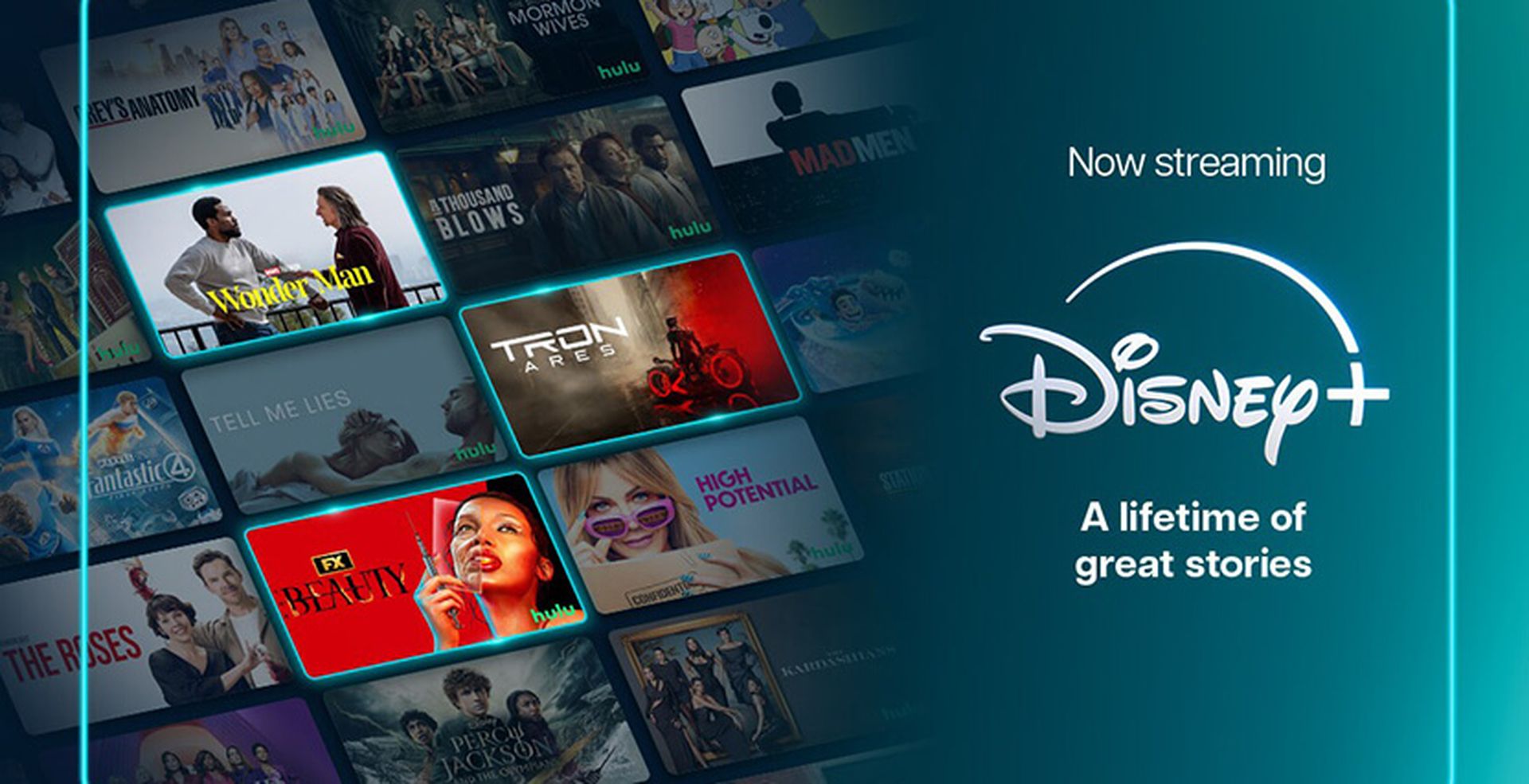 Streaming interface showing movie posters like "Tron Legacy" and "Iron Man" with Disney+ logo and tagline "A lifetime of great stories."