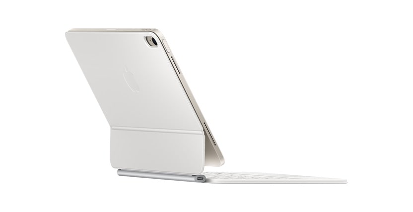 A tablet with a white keyboard case, viewed from the back, showing a sleek design and Apple logo.
