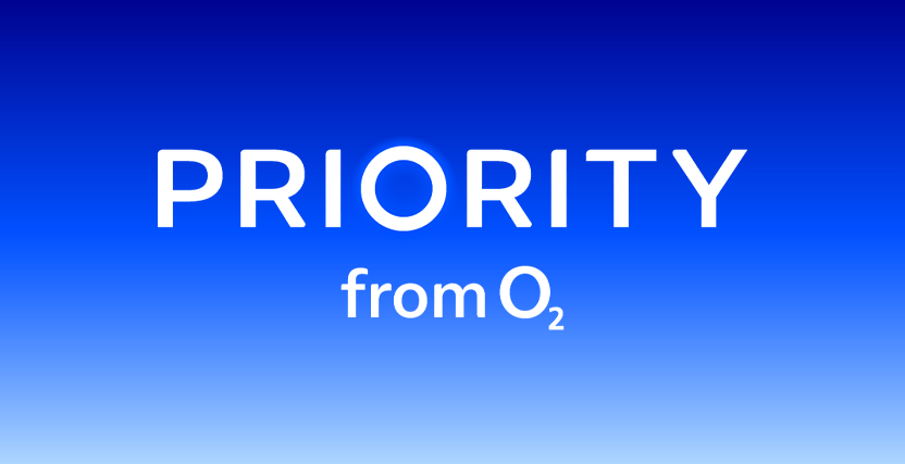 White text on a blue gradient background reads "PRIORITY from O2," with "PRIORITY" in bold uppercase and "from O2" underneath.