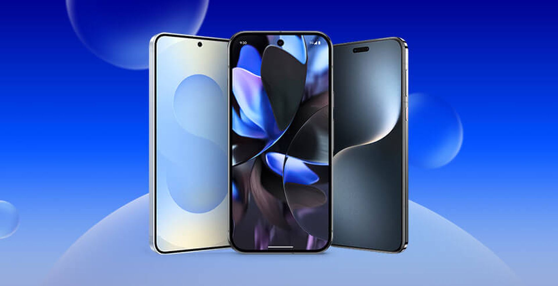 Three smartphones displayed on a blue background, each with a different abstract screen design and thin bezels.