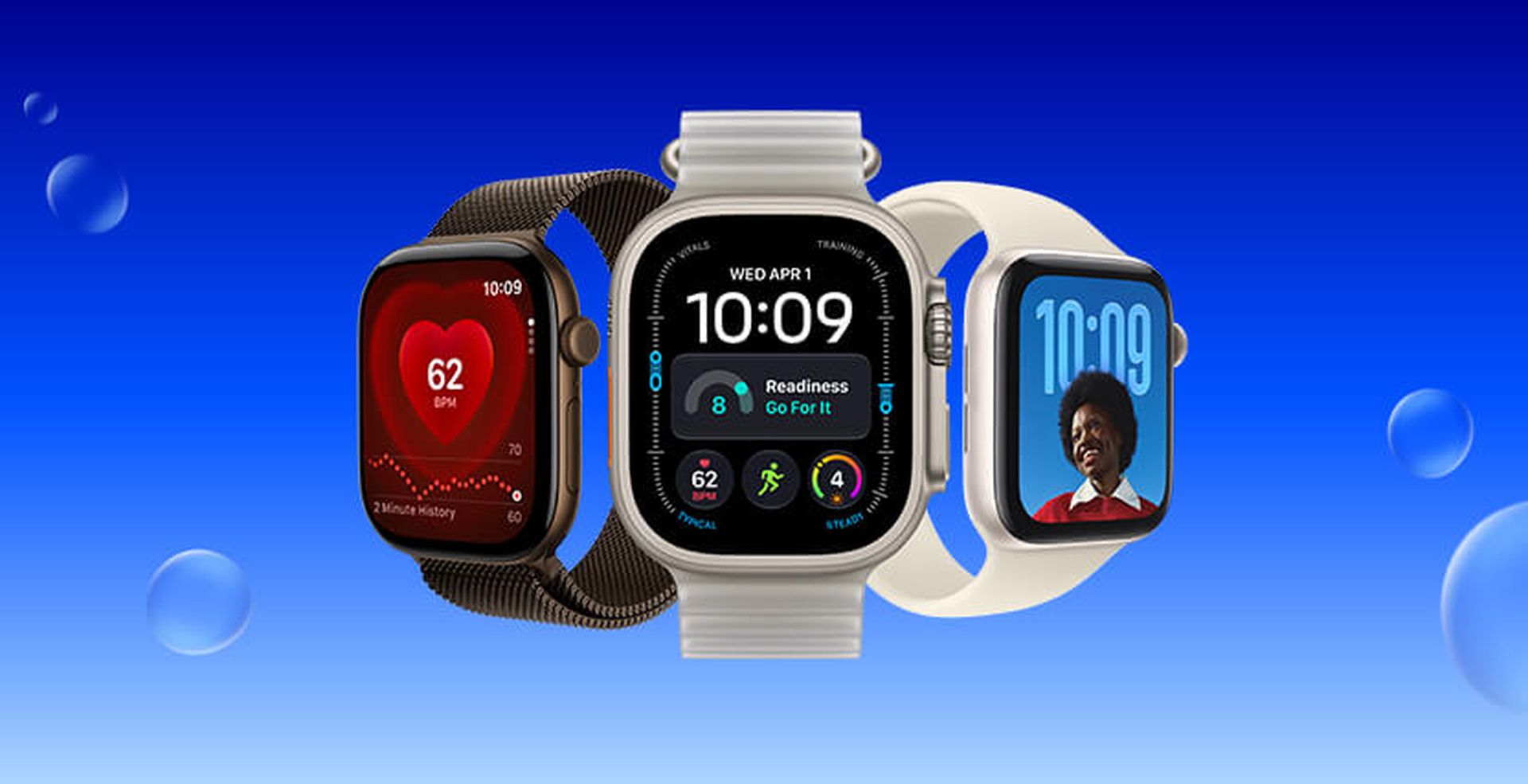 Three smartwatches with black, silver, and white bands, showing heart rate, app icons, and a digital clock, against a blue background with bubbles.