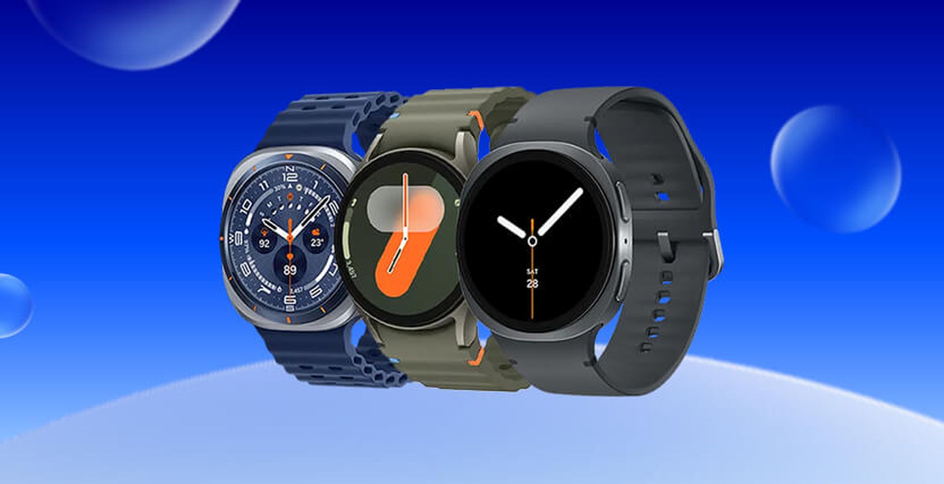 Three smartwatches with different designs and straps are displayed on a gradient blue background with floating bubbles.