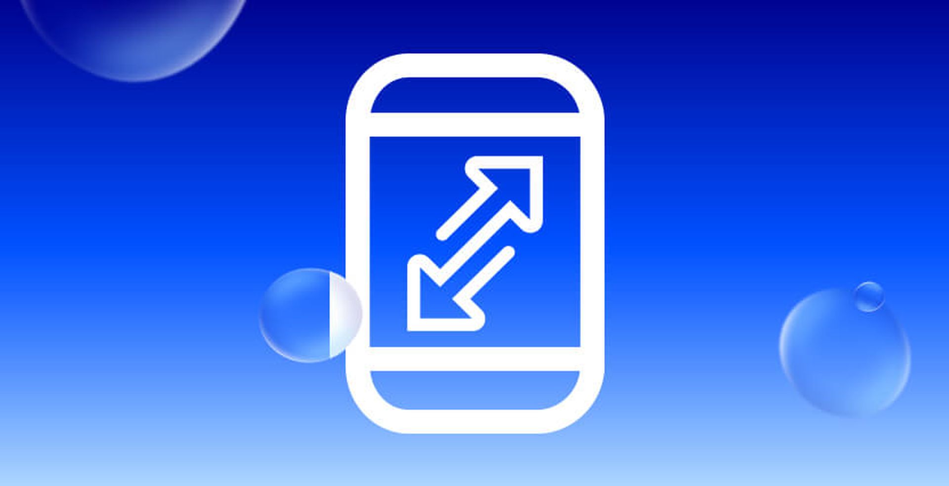 White smartphone icon with diagonal arrows on a blue gradient background with bubbles.