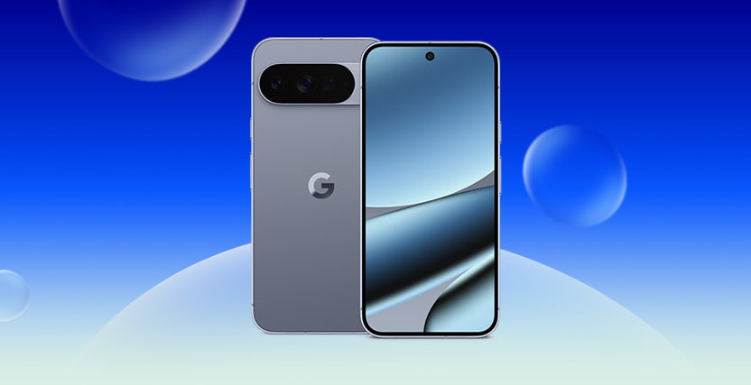 Silver smartphone with a "G" logo, featuring a triple camera on the back and a front display showing a blue abstract design, set against a blue background.