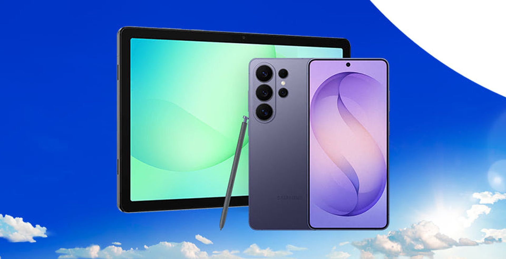 Smartphone and tablet with a stylus against a blue sky background, showcasing sleek modern designs and screens.