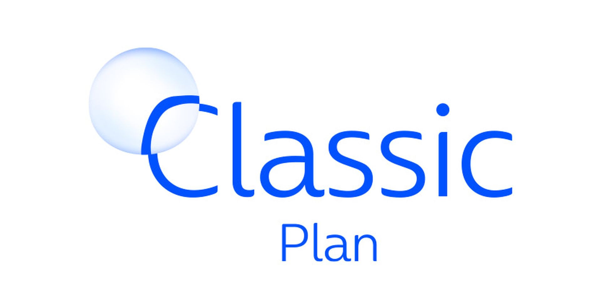 Text logo displaying "Classic Plan" in blue font, with a translucent sphere overlapping the letter "C" in "Classic."