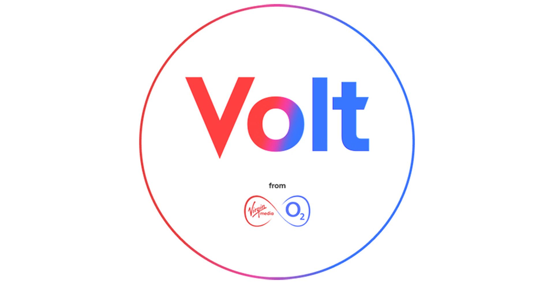 Text logo with "Volt" in gradient red to blue letters. Below, "from" and logos for Virgin Media and O2 in a circular design.