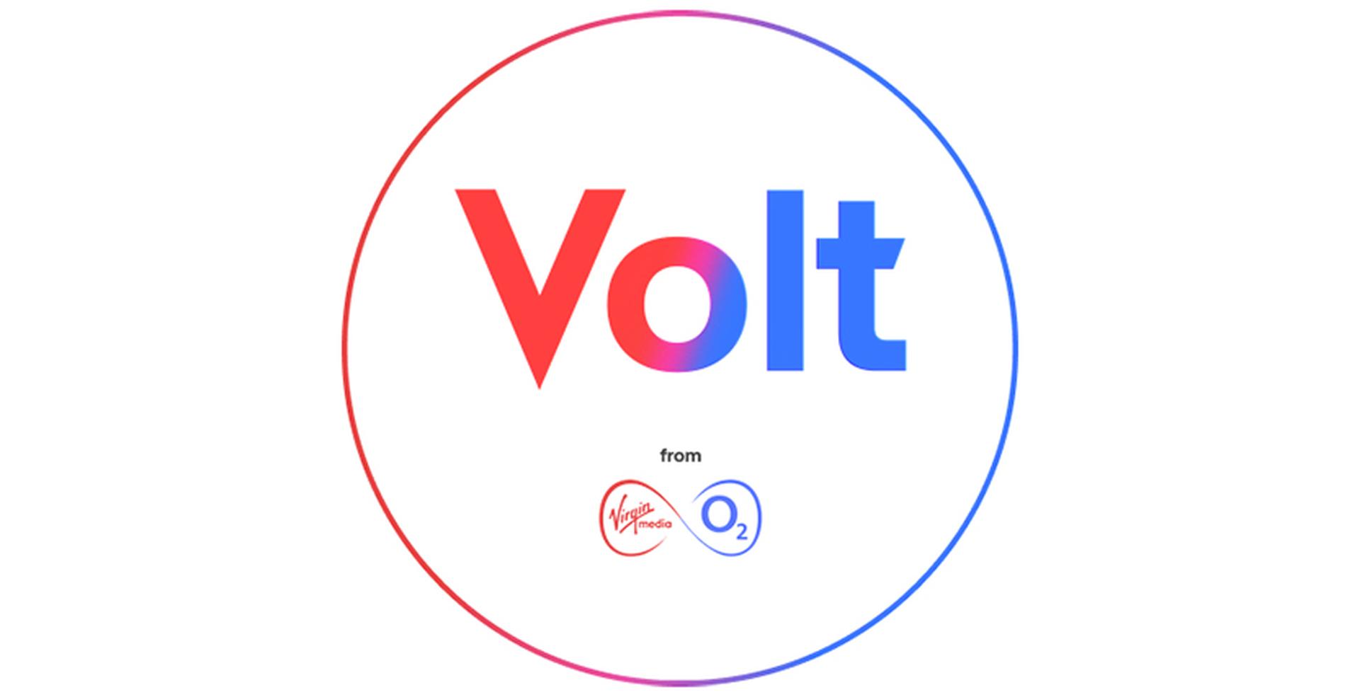 Text logo with "Volt" in gradient red to blue letters. Below, "from" and logos for Virgin Media and O2 in a circular design.