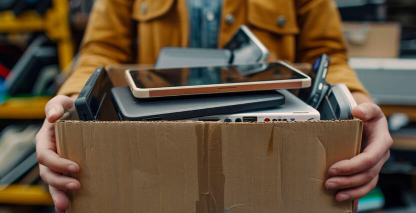 Person holding a cardboard box filled with old electronic devices, including tablets and phones, in a cluttered room.