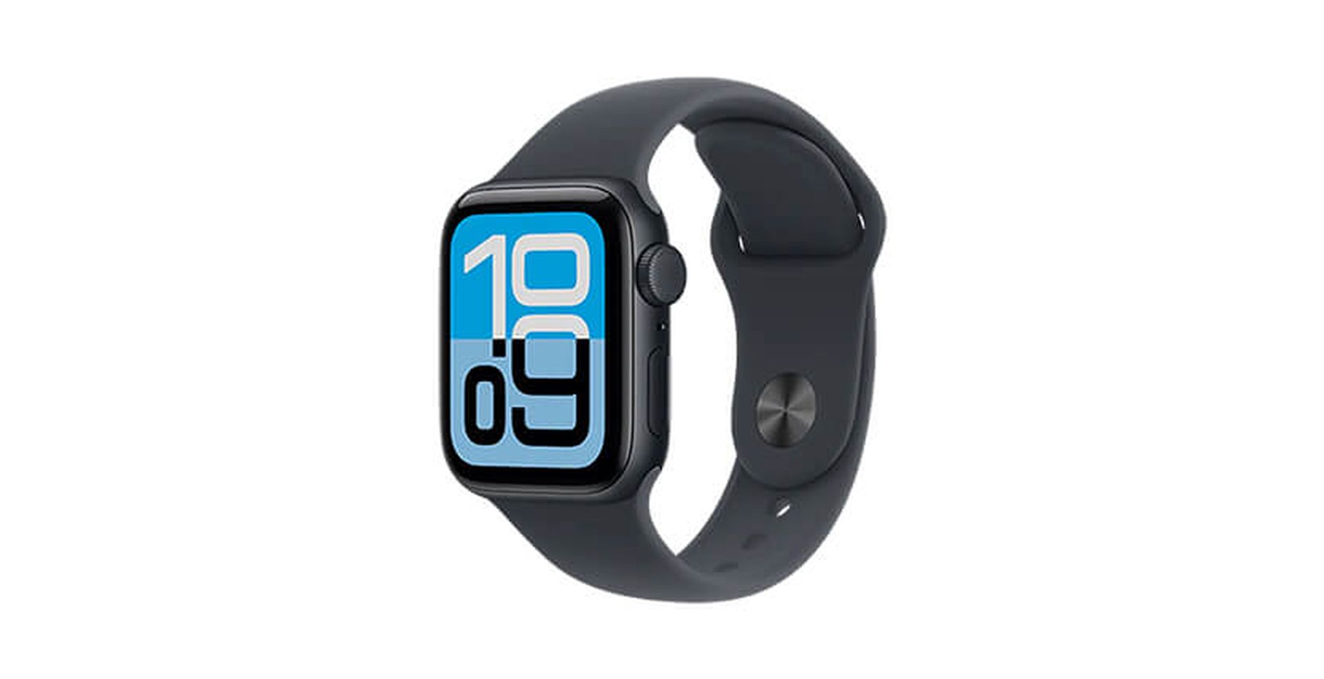 Smartwatch with a sleek black band and digital display showing the time 10:09 in bold blue and white numbers.