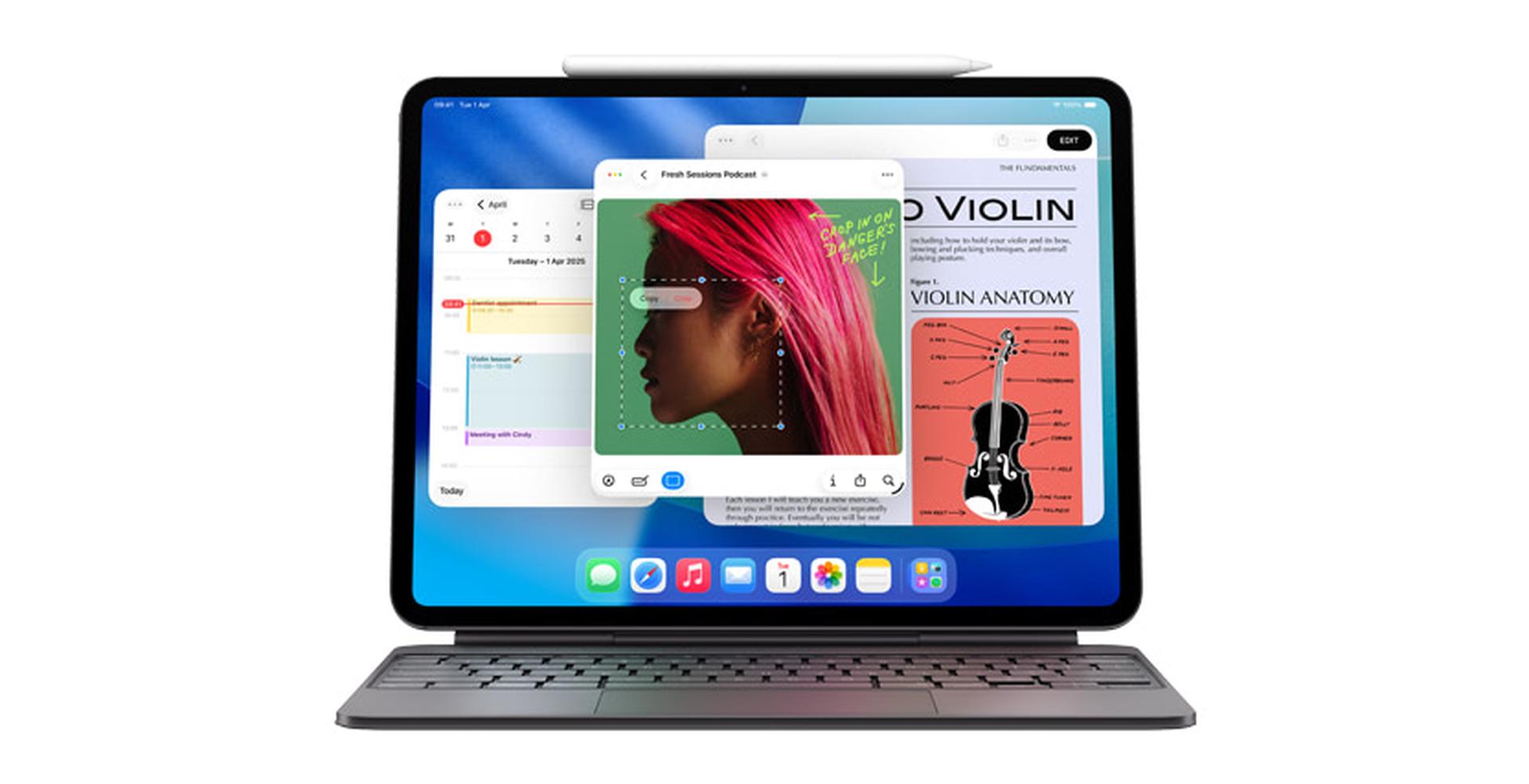 Tablet with keyboard displaying multitasking apps: calendar, photo editing, and violin anatomy on a vibrant screen. Stylus on top.