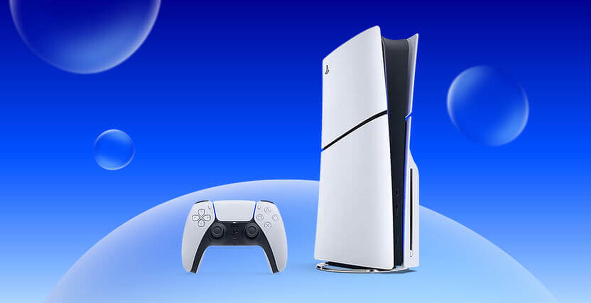 A white gaming console and controller on a blue background with floating bubbles.