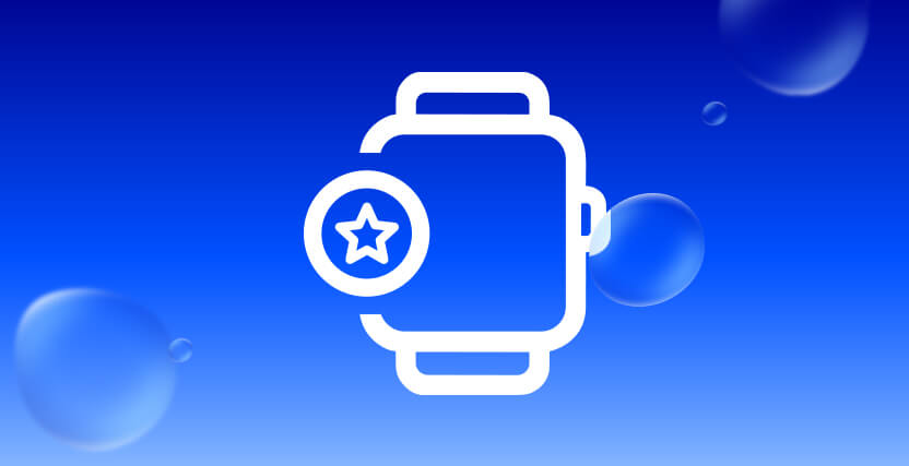 Illustration of a smartwatch with a star icon on a blue gradient background with floating bubbles.