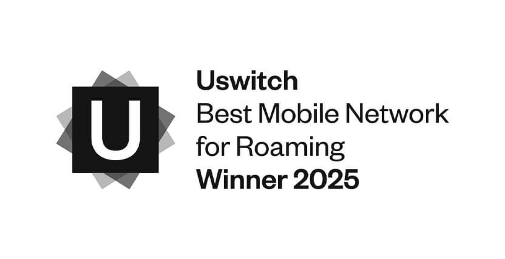 Uswitch award logo for "Best Mobile Network for Roaming Winner 2025" with a stylized "U" icon.