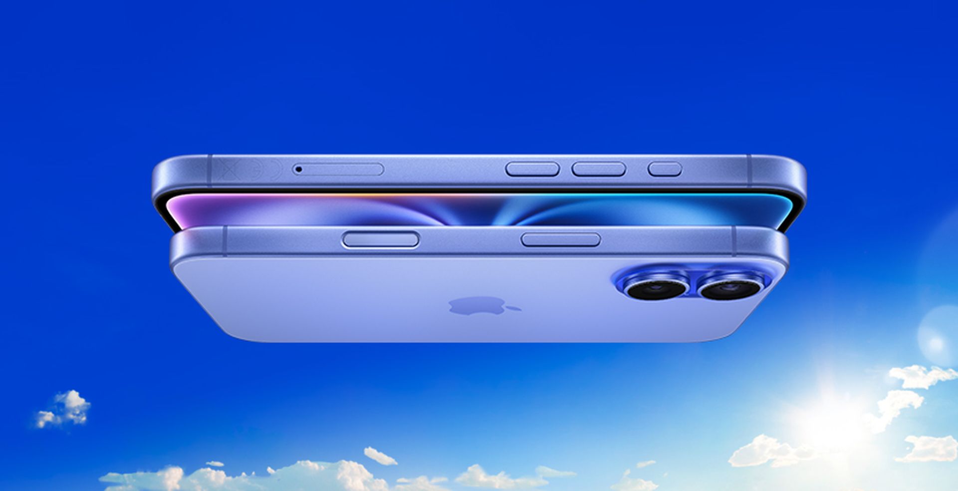 Side view of a sleek smartphone with dual cameras, set against a clear blue sky with clouds and sunlight.