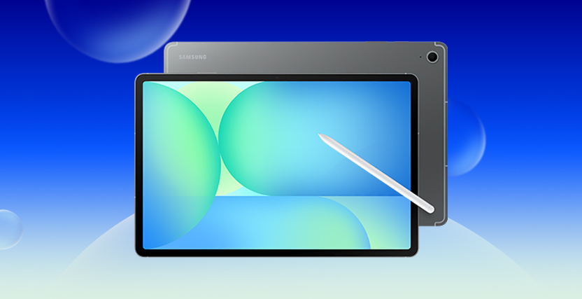 Tablet with a stylus on a blue gradient background, featuring abstract green and blue shapes on the screen.