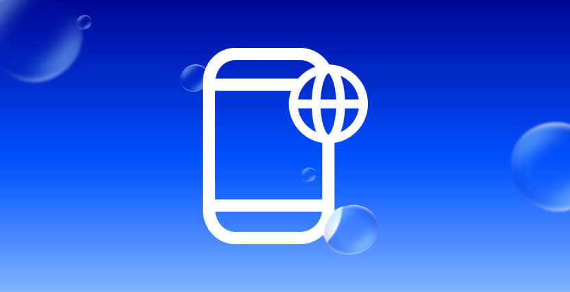 White smartphone icon with a globe symbol on a blue background with bubbles.