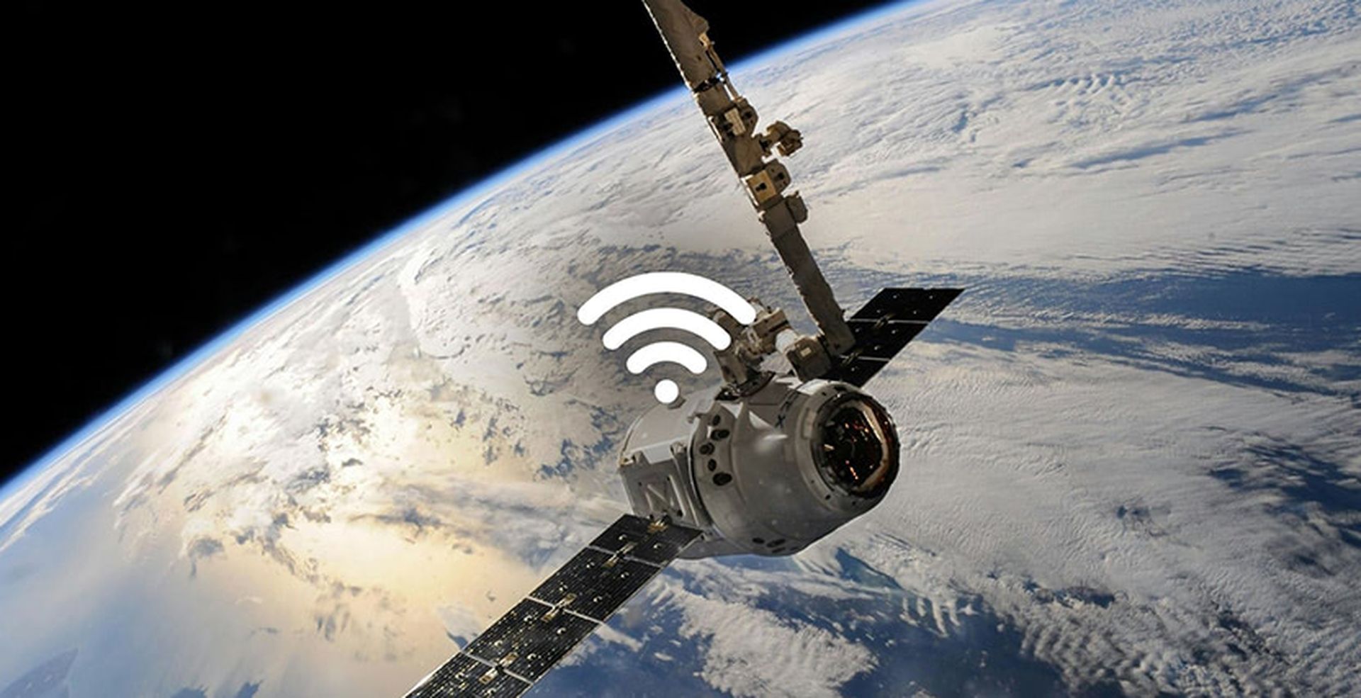 A satellite orbiting Earth with a wifi icon overlay, suggesting connectivity from space. Cloud-covered planet surface visible in the background.