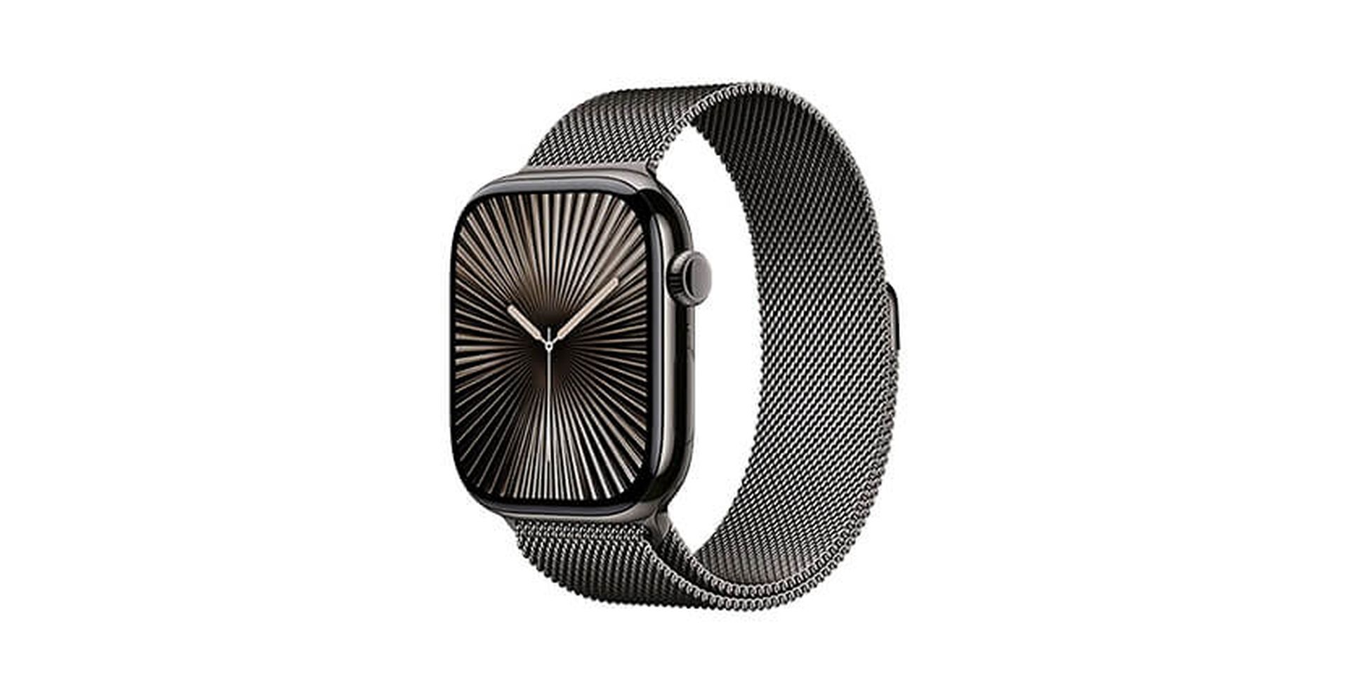 A sleek smartwatch with a sunburst pattern on the display and a stainless steel mesh band against a white background.