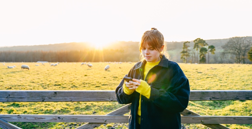 A person stands by a wooden fence in a field, using a smartphone. The sun sets in the background, and sheep graze in the distance.
