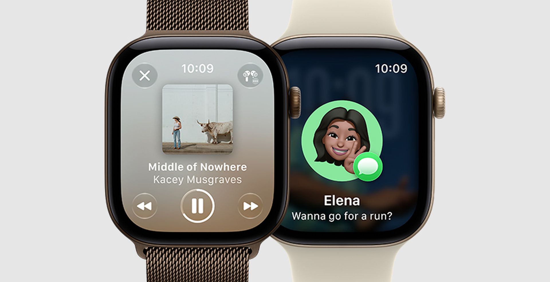 Two smartwatches display different screens: one shows music playback, the other a message from Elena with an avatar suggesting a run.